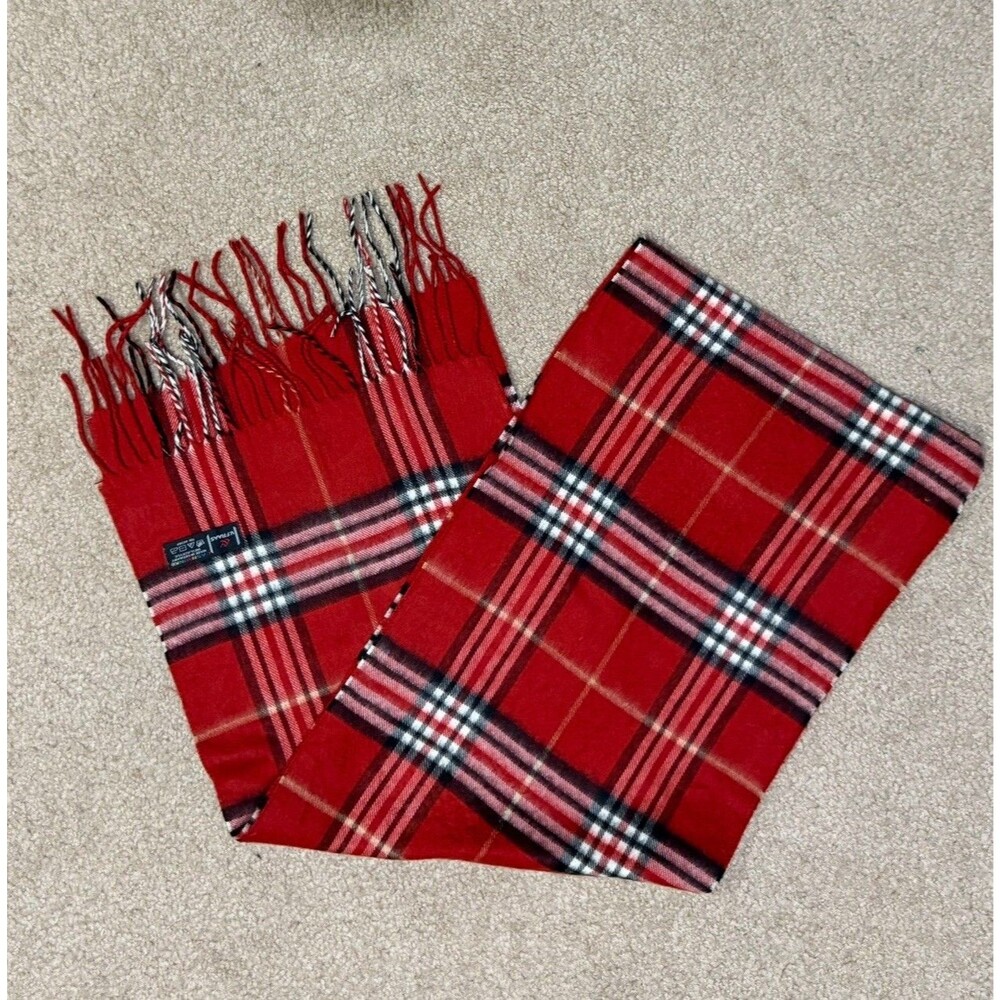 V Fraas Cashmink Scarf Red Plaid 72x12 Preppy Germany Fringe Tartan Preppy Wrap